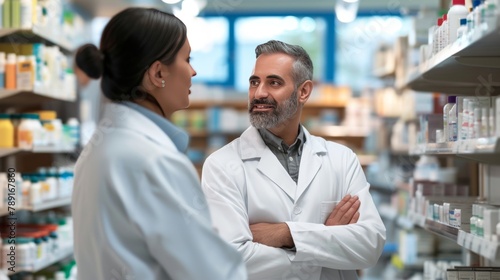 Two pharmacists working and chating in a drug store