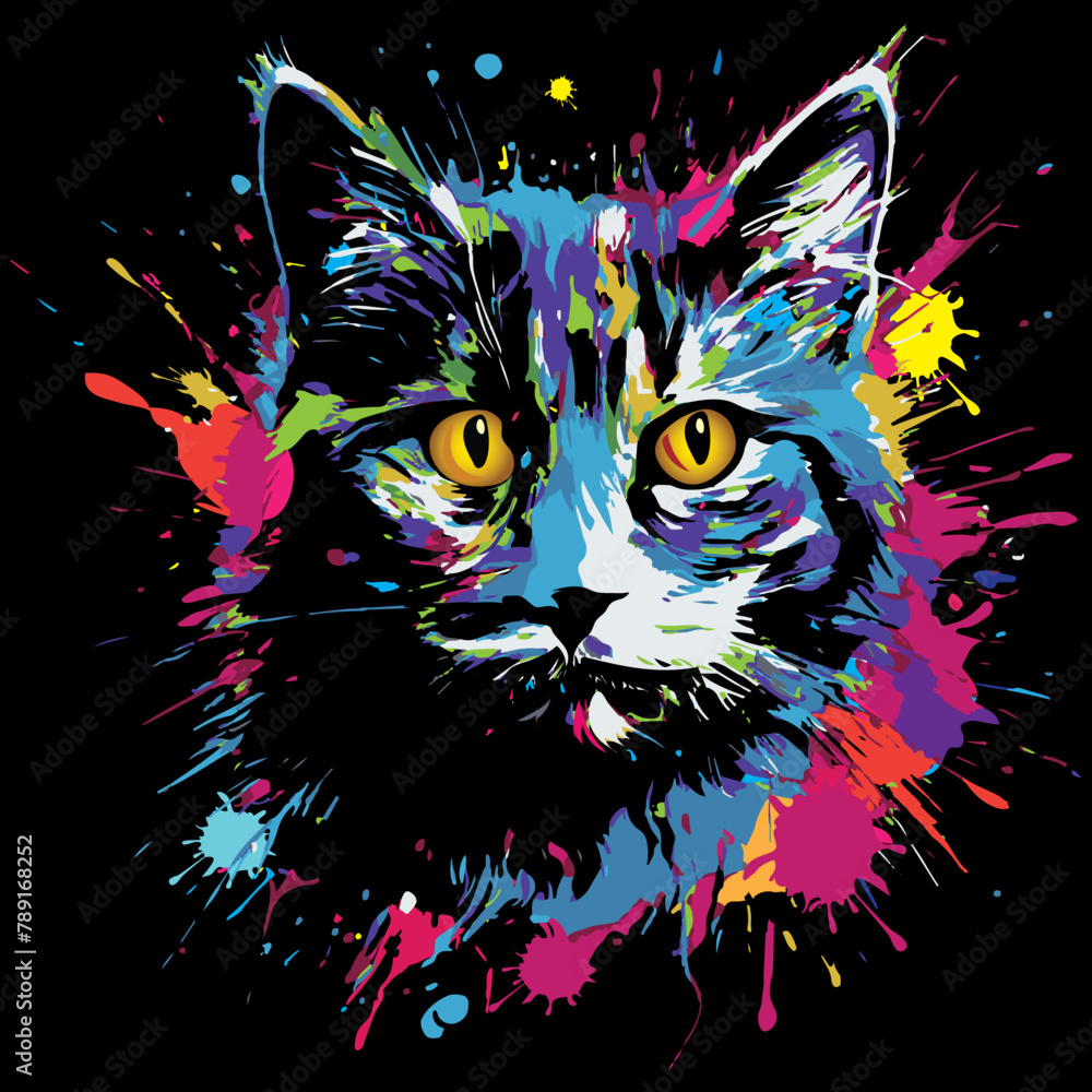 A vector marvel: vivid cat portrait, alive with dynamic splatters, meticulously rendered in Adobe Illustrator. Ideal for tees, prints, or digital creations bursting with feline energy