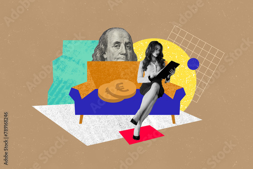 Retro 3d magazine collage image of serious confident lady creating earning cash start up plan isolated brown color background