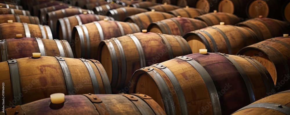 Rows of wooden barrels bound with metal rings. Rows of wooden barrels bound with metal rings.