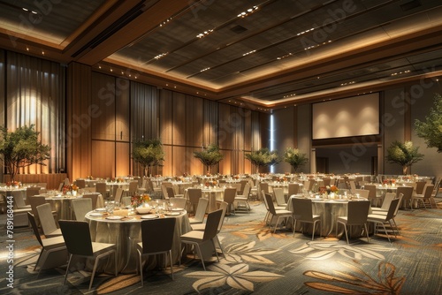 A large banquet hall with tables and chairs set up for a large event