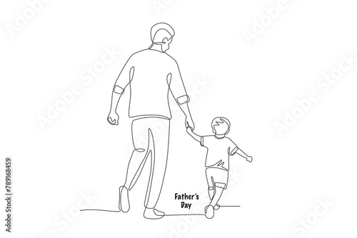 Father holding his running child. Fathers day concept one-line drawing