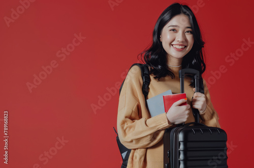 Woman Holding Suitcase and Smiling