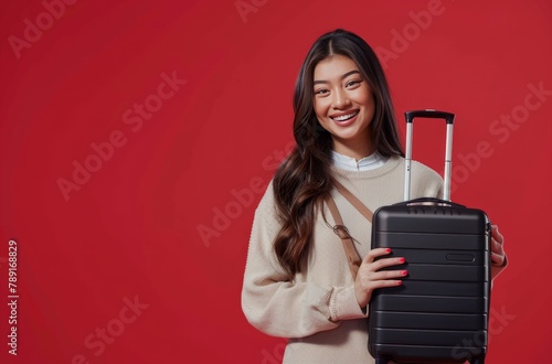 Woman Holding Suitcase and Smiling
