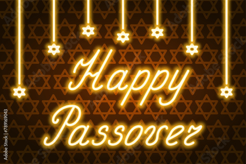 Happy Passover. Gold cursive neon lettering. Garland of shining stars. Color vector illustration. Gold background from stars of David. Congratulations on Jewish Passover. Glowing holiday text.