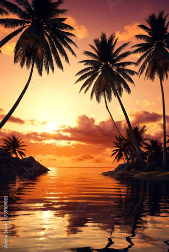 Background tropical natural landscape with coconut palm trees on fantastic sunset  amazing orange sky with clouds. Concept of summer vacation and business travel. Beauty in tropic climate. Copy space