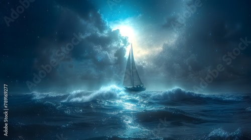 the silhouette of a sailboat crew navigating the ocean waves under the ethereal glow of a full moon photo