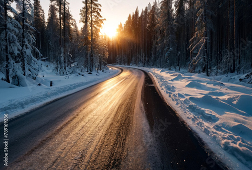 Scandinavian winter road in forest at Finland Karelia. Large view image landscape with trees, blue sky with clouds, amazing view. Background of seasonal Finland winter. Copy space