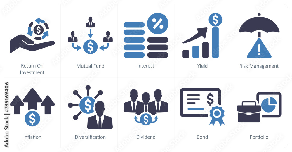 A set of 10 investment icons as return on investment, mutual fund, interest