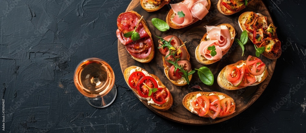 Italian crostini with different toppings displayed on a circular wooden board with a glass of rose wine, set against a black plywood background in a top view. Horizontal layout with room for text. Italian crostini with different toppings displayed on a circular wooden board with a glass of rose wine, set against a black plywood background in a top view. Horizontal layout with room for text.