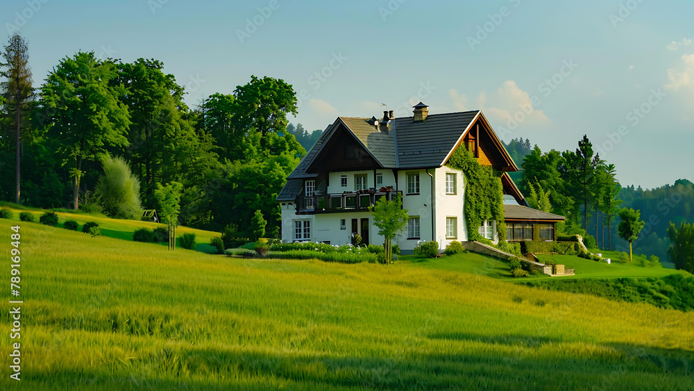 House on a lush green field with a backdrop of trees and a bright blue sky. House on a lush green field with a backdrop of trees and a bright blue sky.
