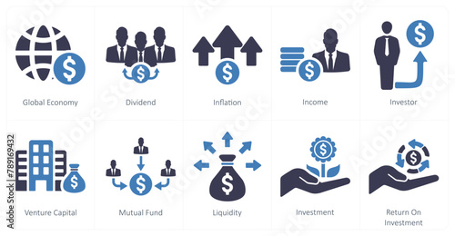 A set of 10 investment icons as global economy, dividend, inflation