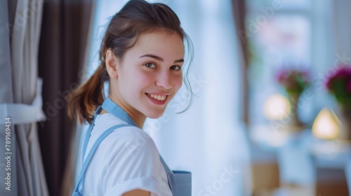 Cameriera sorridente in una camera d'albergo photo