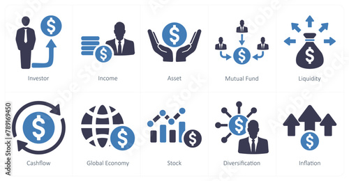 A set of 10 investment icons as investor, income, asset