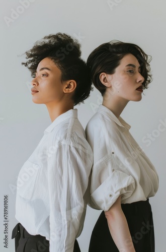 Two Women Standing Next to Each Other in Front of a White Wall