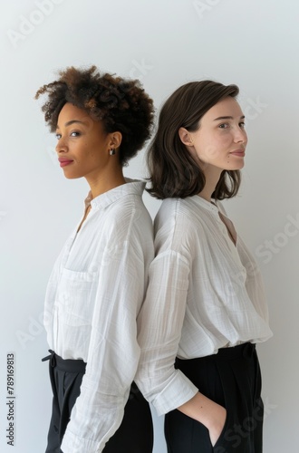 Two Women Standing Next to Each Other in Front of a White Wall