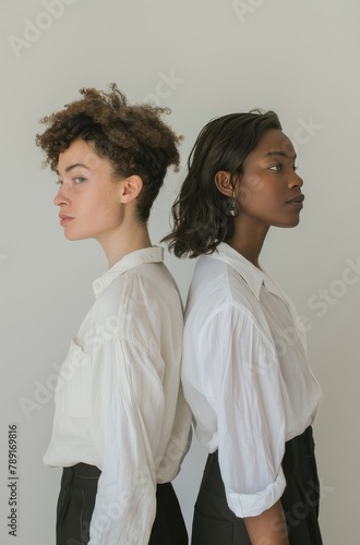 Two Women Standing Next to Each Other in Front of a White Wall