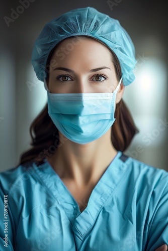 Infermiera in sala operatoria con cuffia e mascherina photo