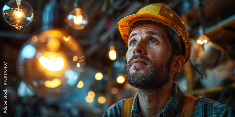 In a portrait, a puzzled yet smiling electrician, wearing a hardhat, works diligently with power equipment.