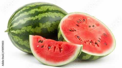 Whole watermelon and slice, white backdrop.