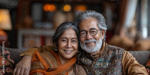 A portrait of a happy Indian senior couple in traditional attire  affectionately embracing indoors.