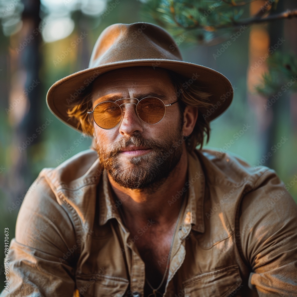 A handsome, stylish man in sunglasses and a hat poses confidently in the woods. A handsome, stylish man in sunglasses and a hat poses confidently in the woods.