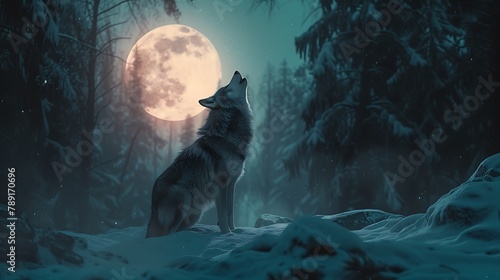 A lone wolf howling at the full moon in a dense, snowy forest