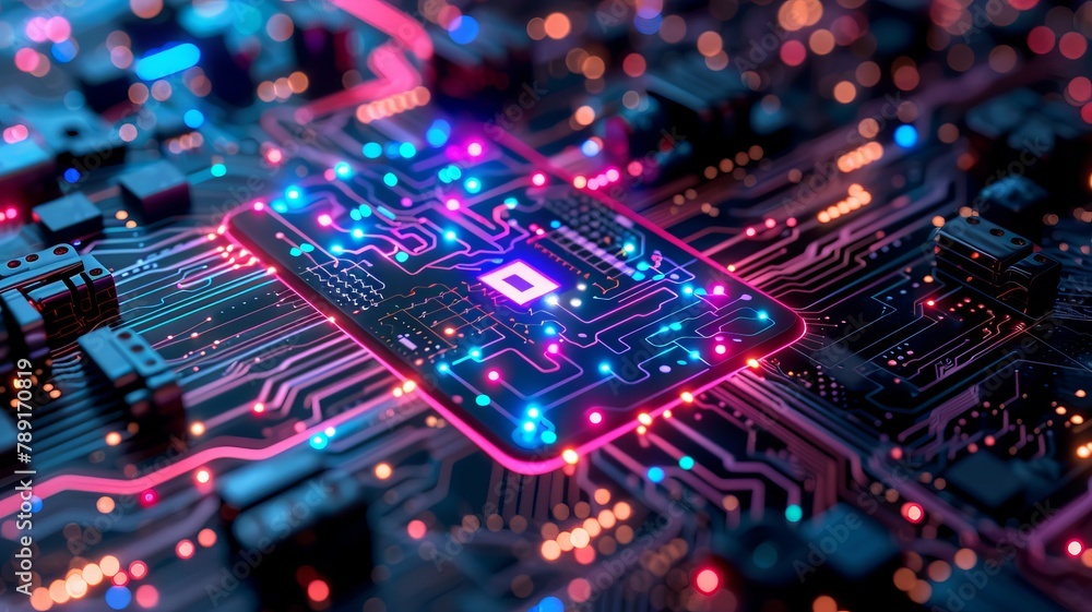 An illustration on the topic of modern technology. Microchips or a motherboard. Technological background in neon colors An illustration on the topic of modern technology. Microchips or a motherboard. Technological background in neon colors