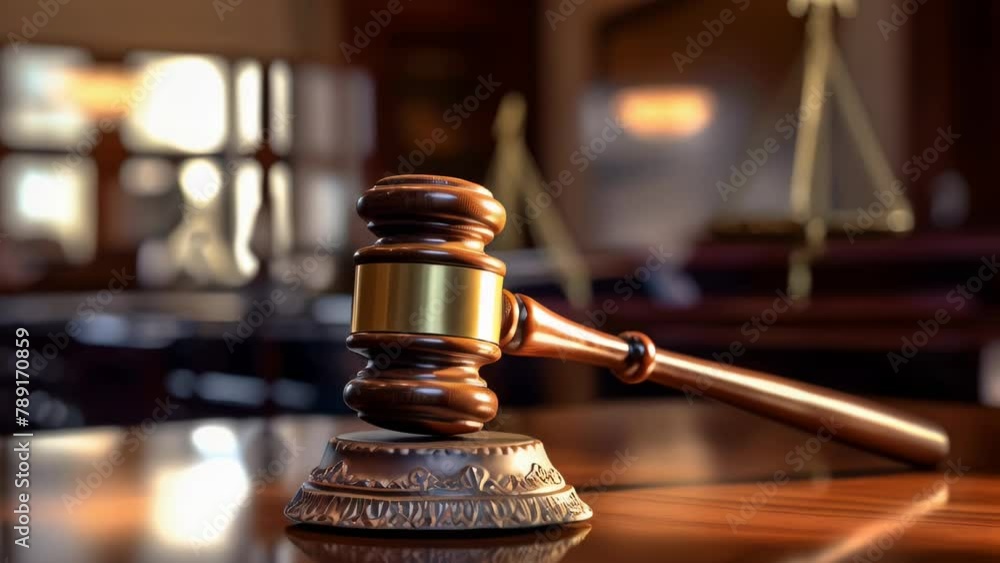 A wooden gavel sits on a table in front of a judge's bench A wooden gavel sits on a table in front of a judge's bench