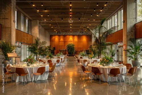 A large banquet hall with tables and chairs set up for a large event