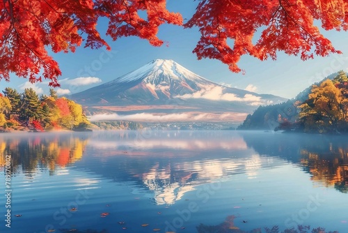 Fototapeta Naklejka Na Ścianę i Meble -  Colorful Autumn Season and Mountain Fuji with morning fog and red leaves at lake Kawaguchiko is one of the best places in Japan