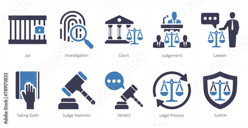 A set of 10 justice icons as jail, investigation, court