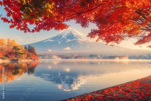 Colorful Autumn Season and Mountain Fuji with morning fog and red leaves at lake Kawaguchiko is one of the best places in Japan © SEUNGJIN