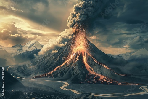 Volcano eruption spiting molten lava and ash clouds over a mountain, photo collage . photo