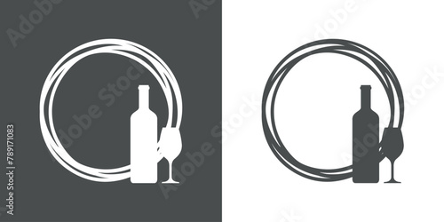 Logo club de vino. Marco circular con líneas con silueta de botella y copa de vino