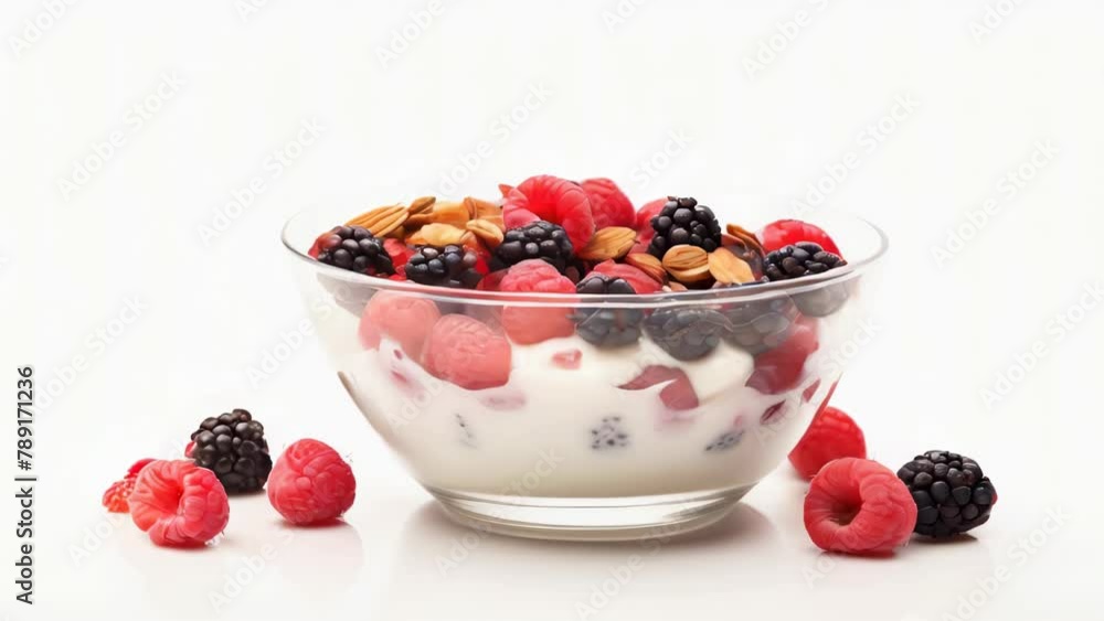 A bowl of fruit with raspberries, blackberries, and almonds A bowl of fruit with raspberries, blackberries, and almonds