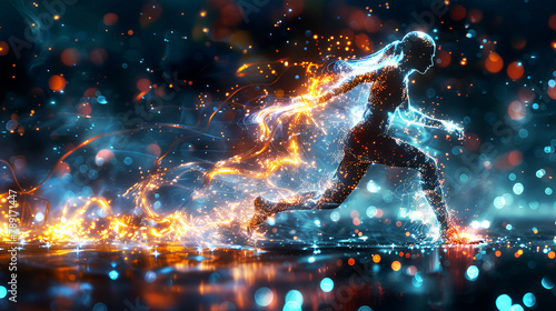 Captivating visual of a runner's silhouette, pulsating with sparkling energy and light, symbolizing speed and motion. © Siwatcha Studio