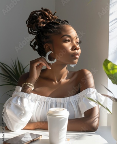 Woman Sitting at Table With Cup of Coffee