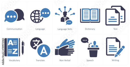 A set of 10 language icons as communication, language, language skills