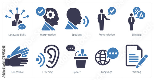 A set of 10 language icons as language skills, interpretation, speaking