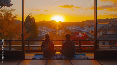 Two people on balcony watching orange sunset afterglow in the sky