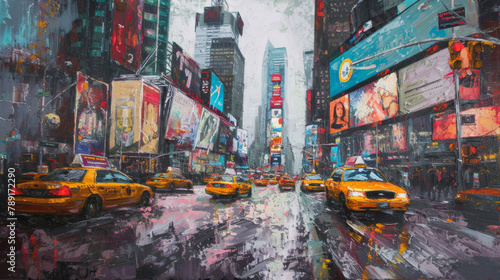 Oil painting of New York City street in rain