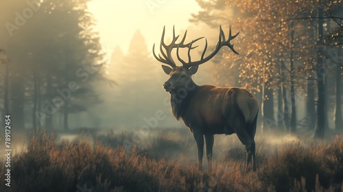 A majestic stag with a full rack of antlers standing in a misty forest at dawn
