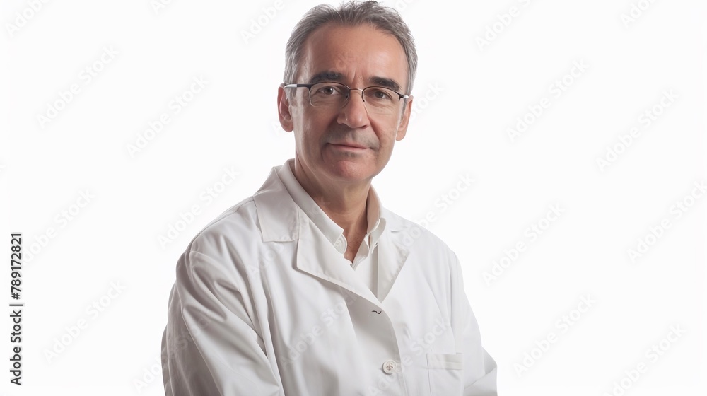 Anziano medico sorridente con camice bianco.
Anziano medico sorridente con camice bianco.