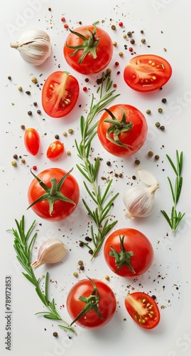 Tomatoes, Garlic, and Herbs Arranged on a White Surface