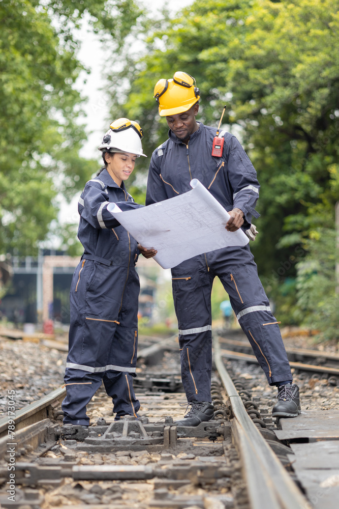 Railway Workers Discussing Plans on Railroad Track Railway Workers Discussing Plans on Railroad Track