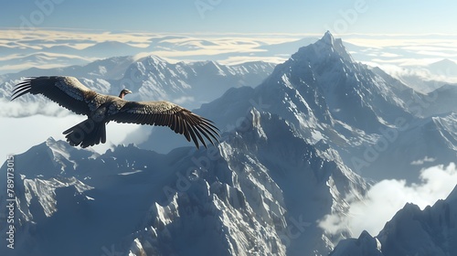 A majestic view of a condor gliding over the Andes Mountains, with peaks in the background photo