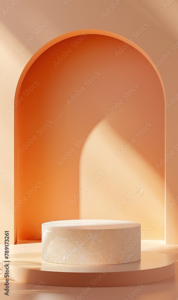 A minimalist product display podium illuminated by soft light in an archway setting A minimalist product display podium illuminated by soft light in an archway setting