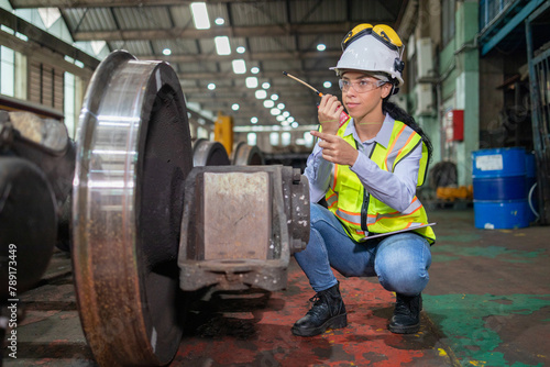 Focused Engineer Inspecting Train Wheelset in Depot