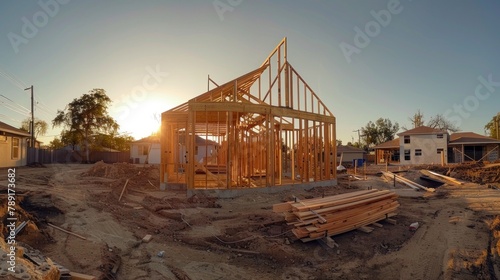 the house frame being constructed in the construction site, in the style of varying wood grains, utilizes, motion blur panorama, creative commons attribution, precisionist lines